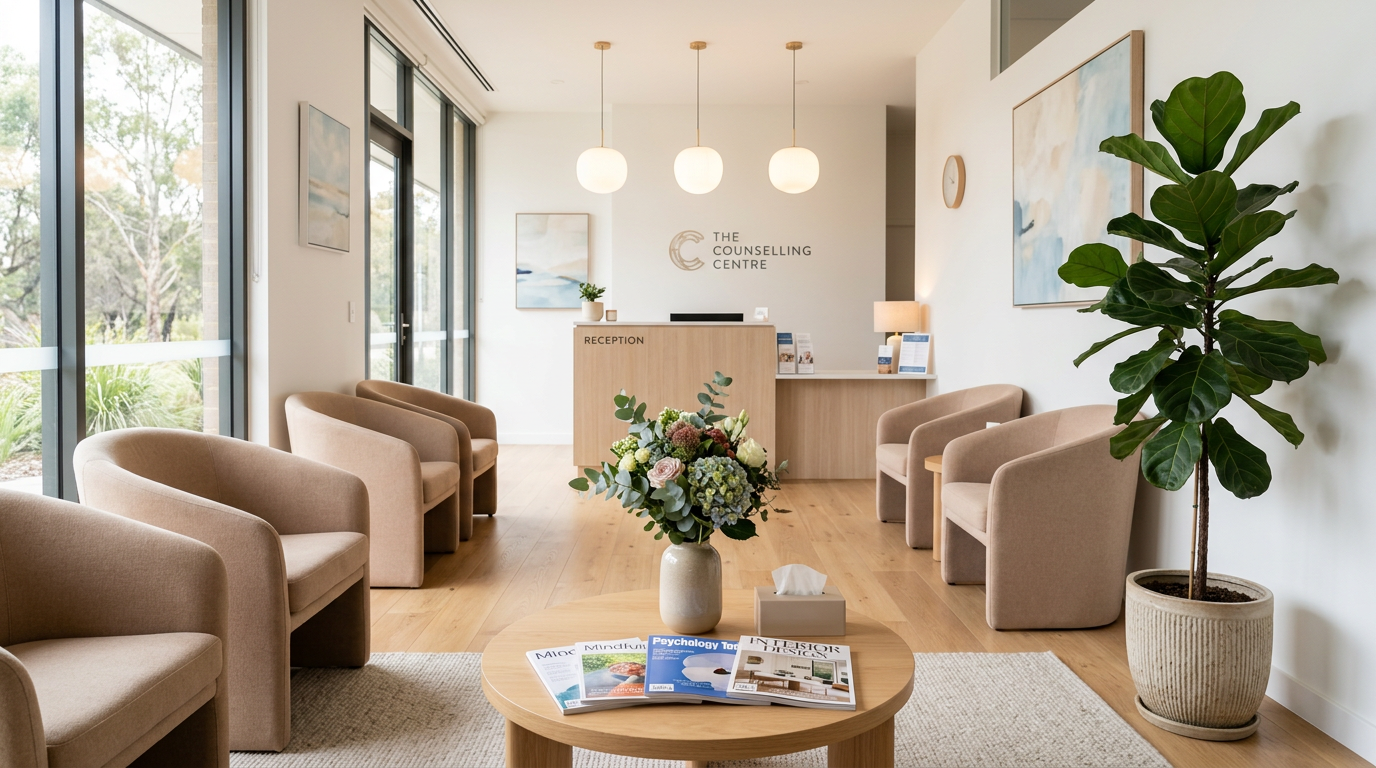 A bright and airy reception waiting area with comfortable seating and fresh flowers