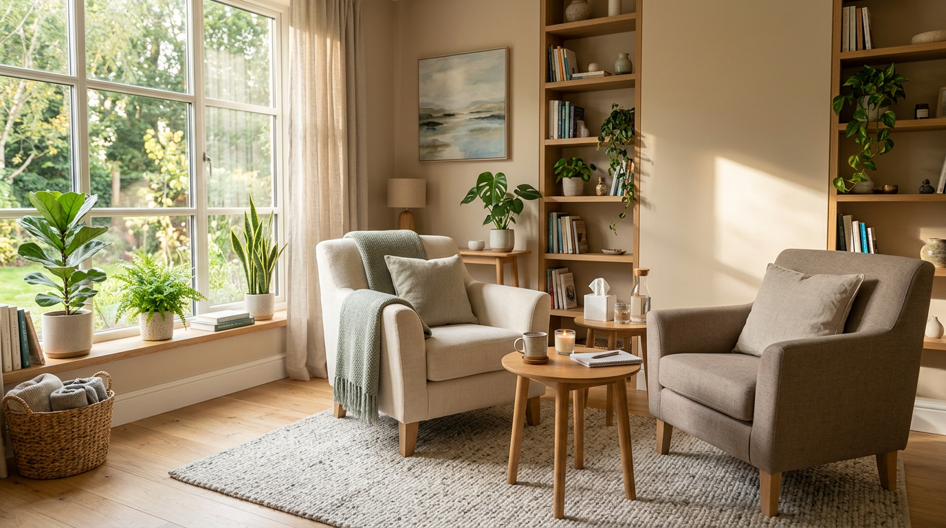 A peaceful therapy room with two comfortable armchairs and warm afternoon light