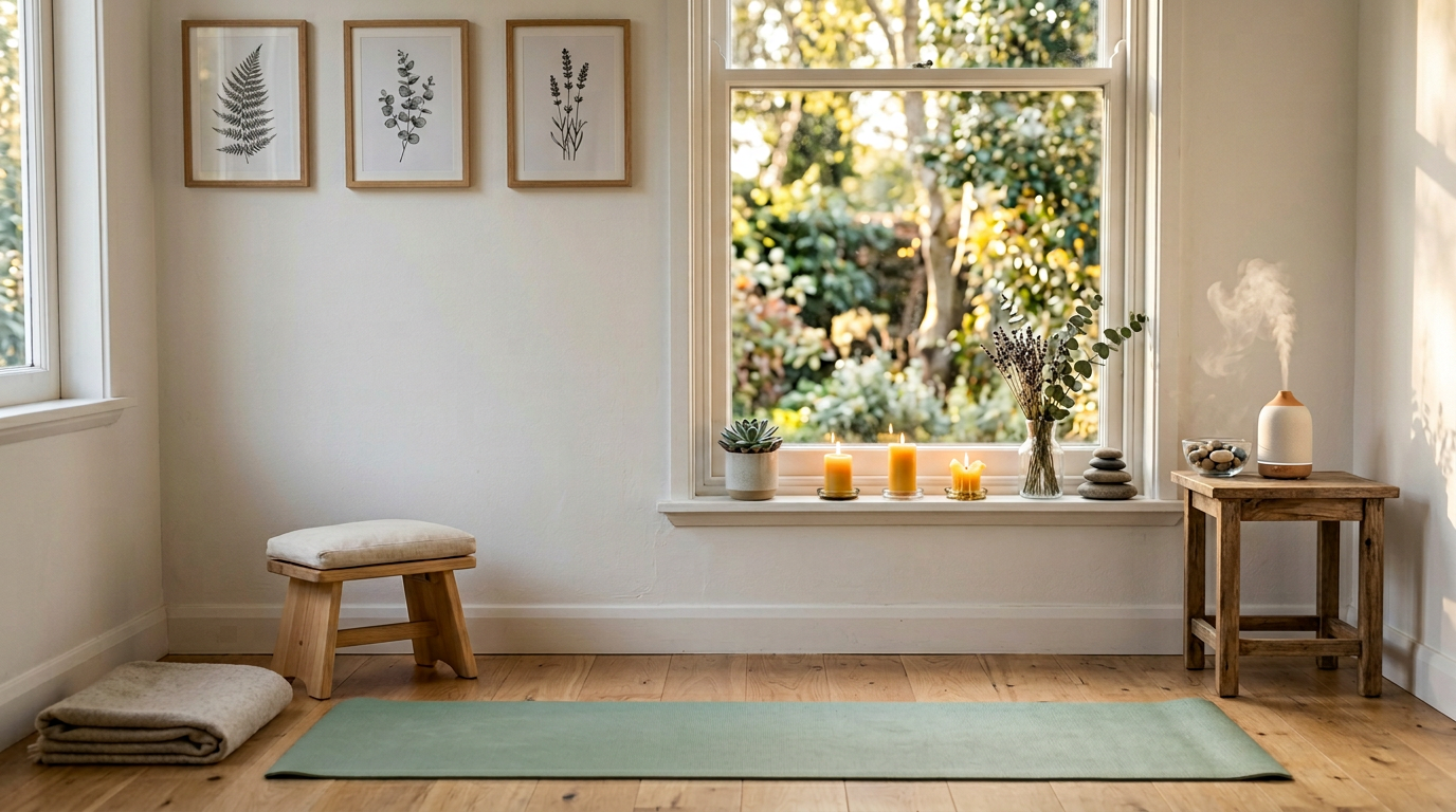 A calm mindfulness and wellbeing room with candles and soft golden light